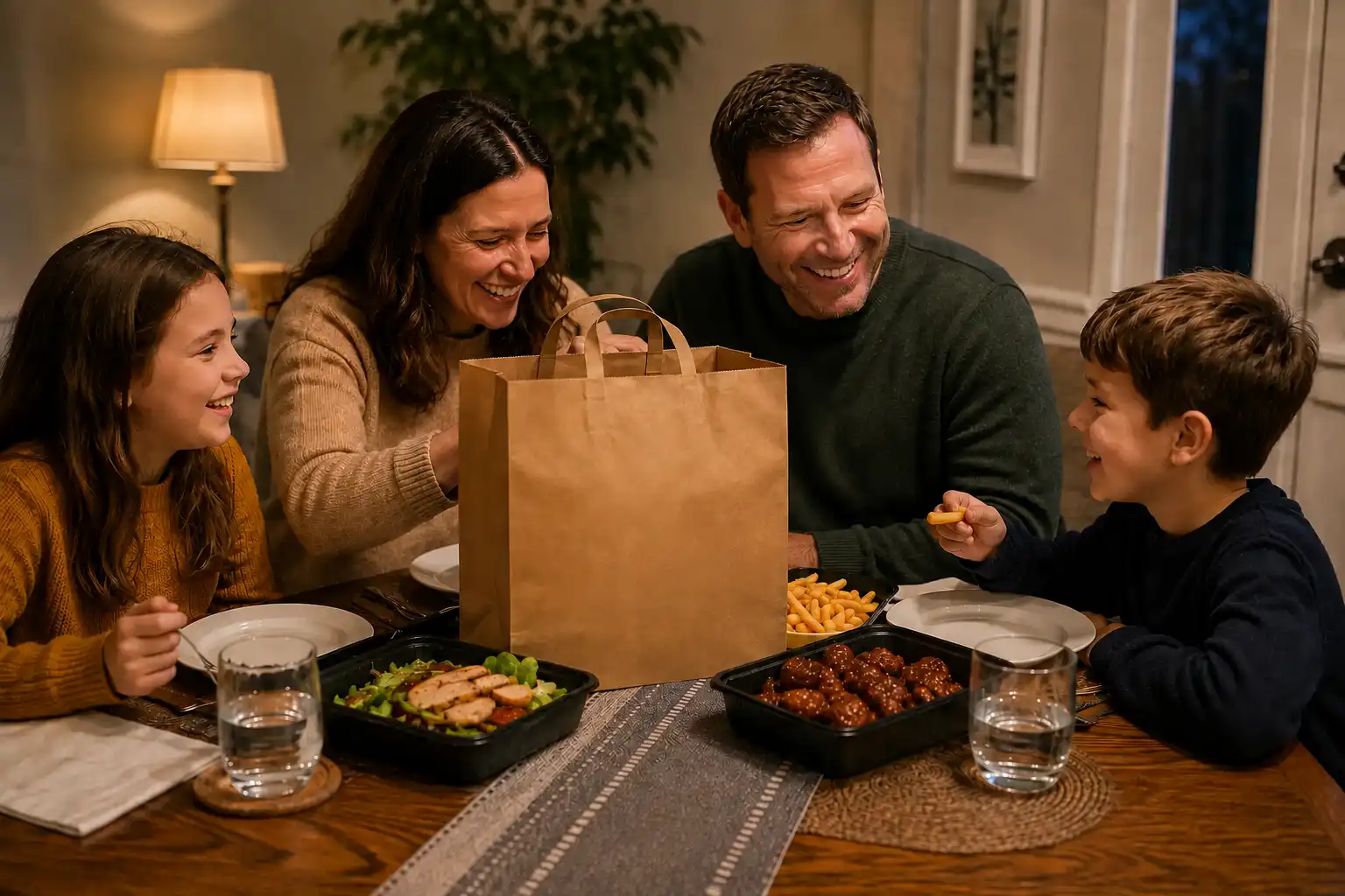 Family enjoying a meal delivered by Triyum